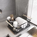 Modern Kitchen Dish Drying Rack With Plates Cups And Chopsticks On Marble Countertop