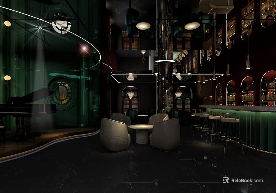 Elegant Modern Bar Interior With Green Lighting Curved Design Round Tables And Sofa Chairs 3d model 