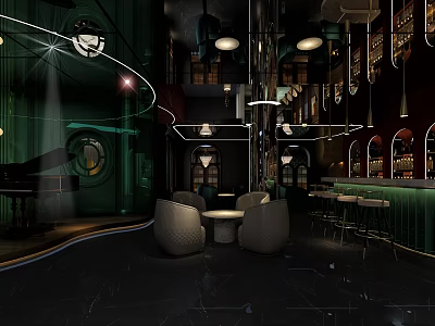 Elegant Modern Bar Interior With Green Lighting Curved Design Round Tables And Sofa Chairs 3d model