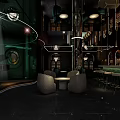 Elegant Modern Bar Interior With Green Lighting Curved Design Round Tables And Sofa Chairs