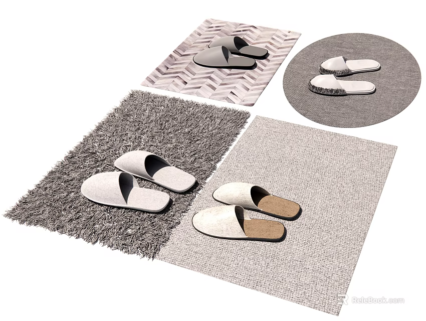 Square Rugs With Shaggy And Woven Textures Featuring Slippers For Home Decor 3d model 