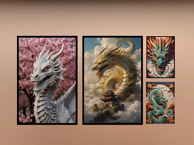 Colorful Dragon Paintings With Cherry Blossom Tree Cloud Temple And Decorative Patterns On Wall 3d model