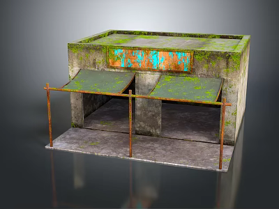 Old Concrete Shed With Mossy Roof Faded Blue Orange Graffiti Green Awnings Rusty Metal Frames 3d model
