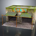 Old Concrete Shed With Mossy Roof Faded Blue Orange Graffiti Green Awnings Rusty Metal Frames