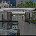 Modern Courtyard Landscape With Reflecting Pool Pink Cherry Blossoms And Lush Green Plants