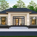 Detached Villa With Black Roof Cream Exterior Large Windows Green Lawn And Paved Driveway