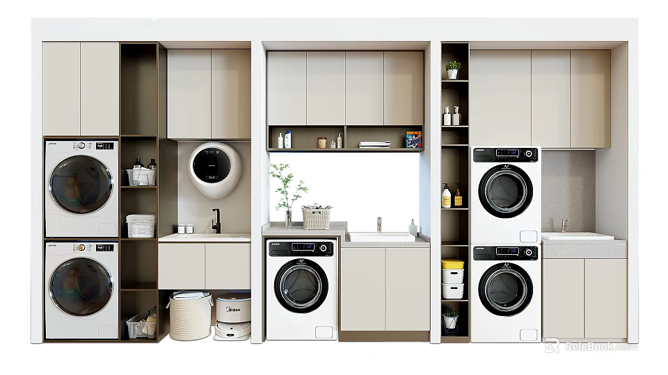 Bathroom Cabinet Rack Featuring Washing Machines Storage Cabinets Sink Open Shelves and Modern Design 3d model 
