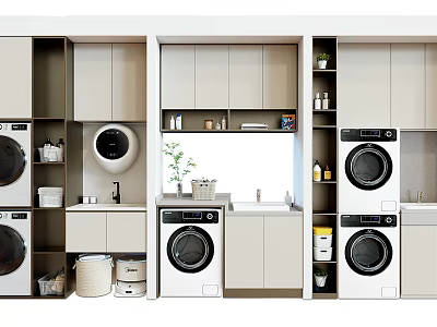 Bathroom Cabinet Rack Featuring Washing Machines Storage Cabinets Sink Open Shelves and Modern Design 3d model