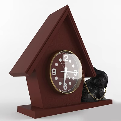 House Shaped Clock With White Numbers And Hands And Black Dog Figurine With Gold Chain 3d model