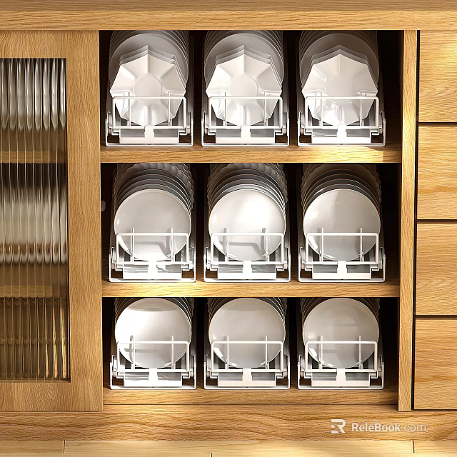 Organized Wooden Cabinet Shelf With Plate Racks For White Plates Storage In Kitchen 3d model 