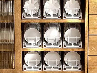 Organized Wooden Cabinet Shelf With Plate Racks For White Plates Storage In Kitchen 3d model