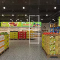 Supermarket Grocery Fresh Fruit Section With Seasonal Fruits Shelves And Wooden Crates