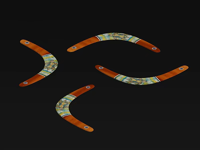 Four Handcrafted Wooden Curved Decorative Pieces With Colorful Inlay Patterns 3d model