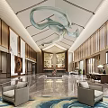 Chinese Style Hotel Lobby With Spacious Interior Elegant Chandelier Marble Floor And Wooden Decor