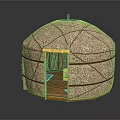 Traditional Dome Shaped Yurt With Fabric Cover Red Straps And Wooden Door Structure