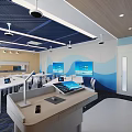Modern Classroom Interior With Blue Ceiling White Tables Chairs And Screens