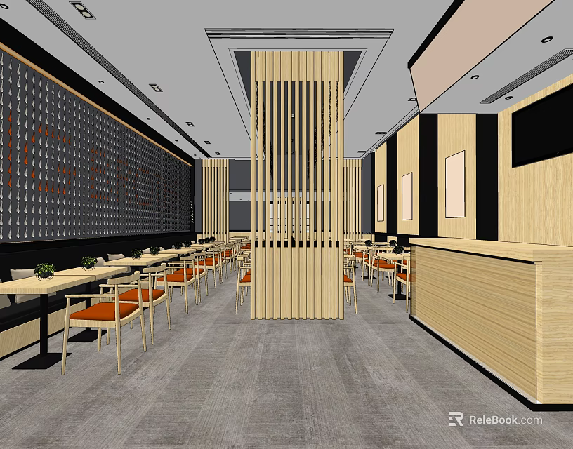 Modern Restaurant Interior With Wooden Partitions Dining Tables Chairs And Gray Floor 3d model 
