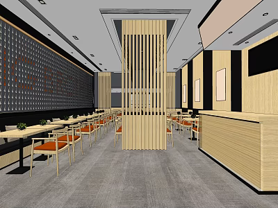 Modern Restaurant Interior With Wooden Partitions Dining Tables Chairs And Gray Floor 3d model