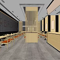 Modern Restaurant Interior With Wooden Partitions Dining Tables Chairs And Gray Floor