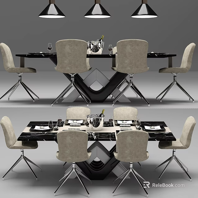 Modern Dining Table And Chairs Set With Metal Legs And Light Colored Seats 3d model 