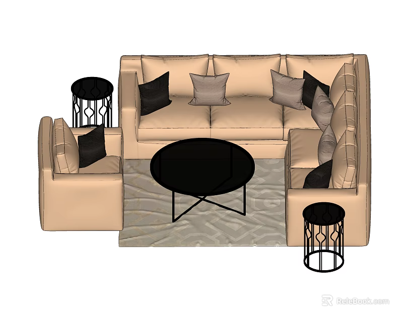 L Shaped Beige Sofa With Black Gray Cushions And Round Coffee Table Set 3d model