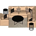L Shaped Beige Sofa With Black Gray Cushions And Round Coffee Table Set 3d model