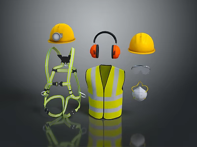 Safety Work Clothing and Accessories with Hard Hats Reflective Vest Harness Ear Muffs and Mask 3d model