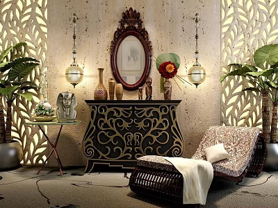 Woven Rattan Lounge Chair With Cushion In Decorative Background With Plants Mirror And Lamps 3d model