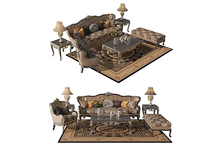 Elegant Sofa and Coffee Table Set with Armchair Area Rug and Decorative Table Lamps 3d model