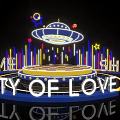 Circular Live Show Stage With Blue Yellow Checkerboard Pattern Neon Lights City Of Love