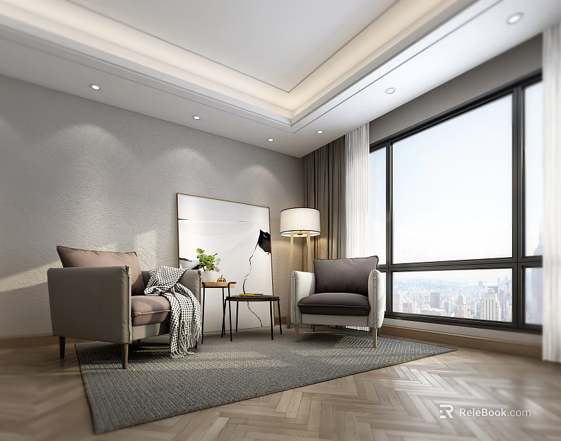Cozy Modern Casual Sofa Set With Side Table Lamp And City View Window 3d model 