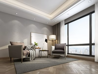 Cozy Modern Casual Sofa Set With Side Table Lamp And City View Window 3d model