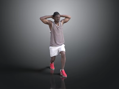 Man In Striped Tank Top White Shorts Red Sneakers Standing With Hands On Head 3d model