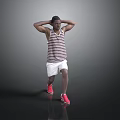 Man In Striped Tank Top White Shorts Red Sneakers Standing With Hands On Head