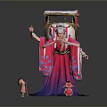 Traditional Female Sculpture in Pink Purple Robe with Hanging Lanterns and Small Pink Figures