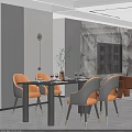 Modern Black Dining Table Set with Four Orange Chairs and Tableware Decorations 3d model