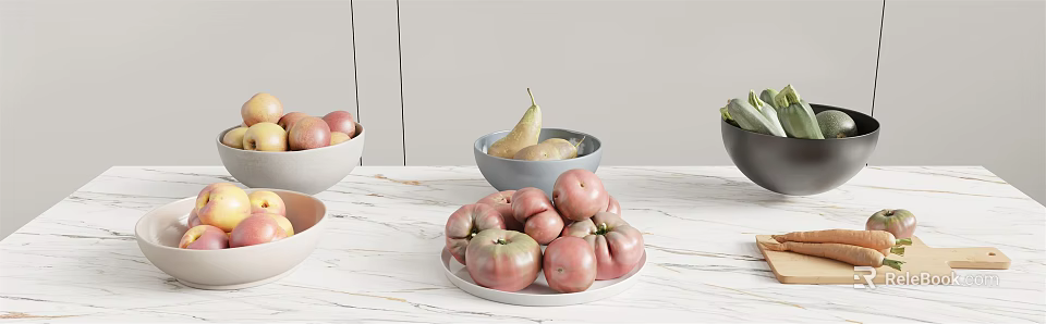 Fresh Fruits Apples Pears And Pink Tomatoes In Bowls And Plate On Light Colored Countertop 3d model 