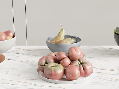Fresh Fruits Apples Pears And Pink Tomatoes In Bowls And Plate On Light Colored Countertop 3d model