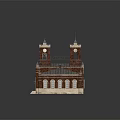 Classical Red Brick Building Featuring Blue Roof Twin Clock Towers Arched Windows And Entrance Steps