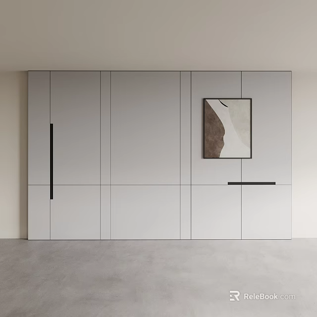 Bedroom Background Wall With Gray Wardrobe Black Handles And Decorative Painting 3d model 