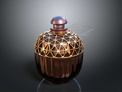 Elegant Luxury Perfume Bottle Featuring Gold Geometric Lattice And Shiny Dark Brown Body 3d model