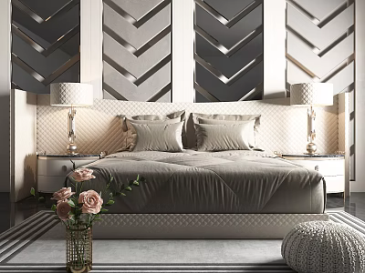 Modern Double Bed In Bedroom With Herringbone Pattern Wall Bedside Lamps And Rose Vase 3d model