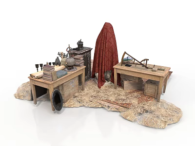 Vintage Wooden Conference Table with Tools Red Cloth and Hay on Ground 3d model