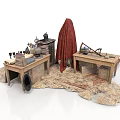 Vintage Wooden Conference Table with Tools Red Cloth and Hay on Ground