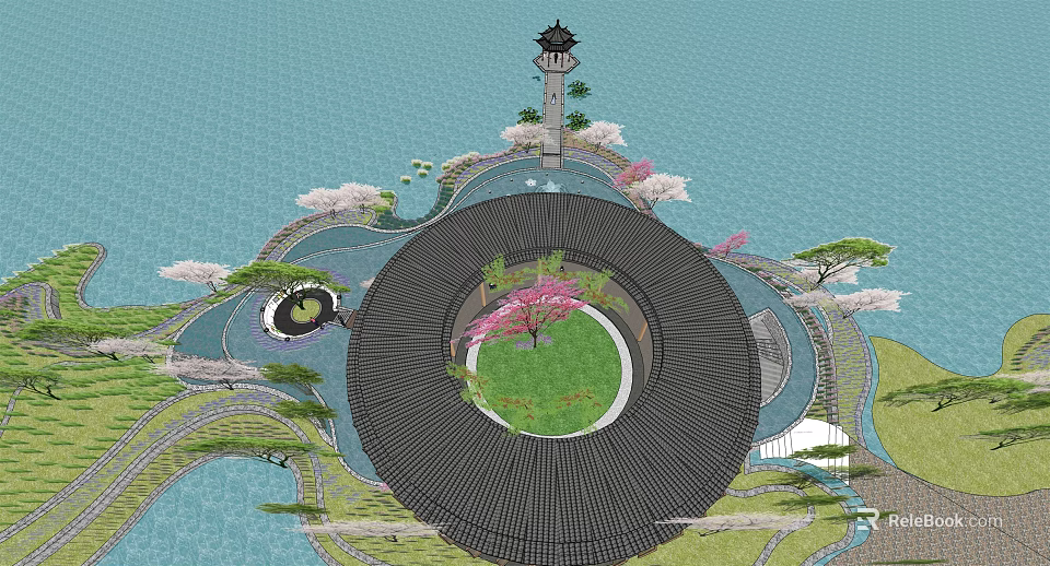 Waterfront Landscape Design With Circular Central Lawn Cherry Blossom Trees And Pagoda 3d model 