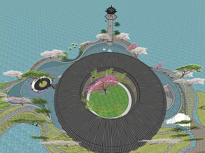 Waterfront Landscape Design With Circular Central Lawn Cherry Blossom Trees And Pagoda 3d model