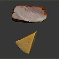 Delicious Yellow Cheese with Holes and Cooked Red Brown Bacon on Dark Background