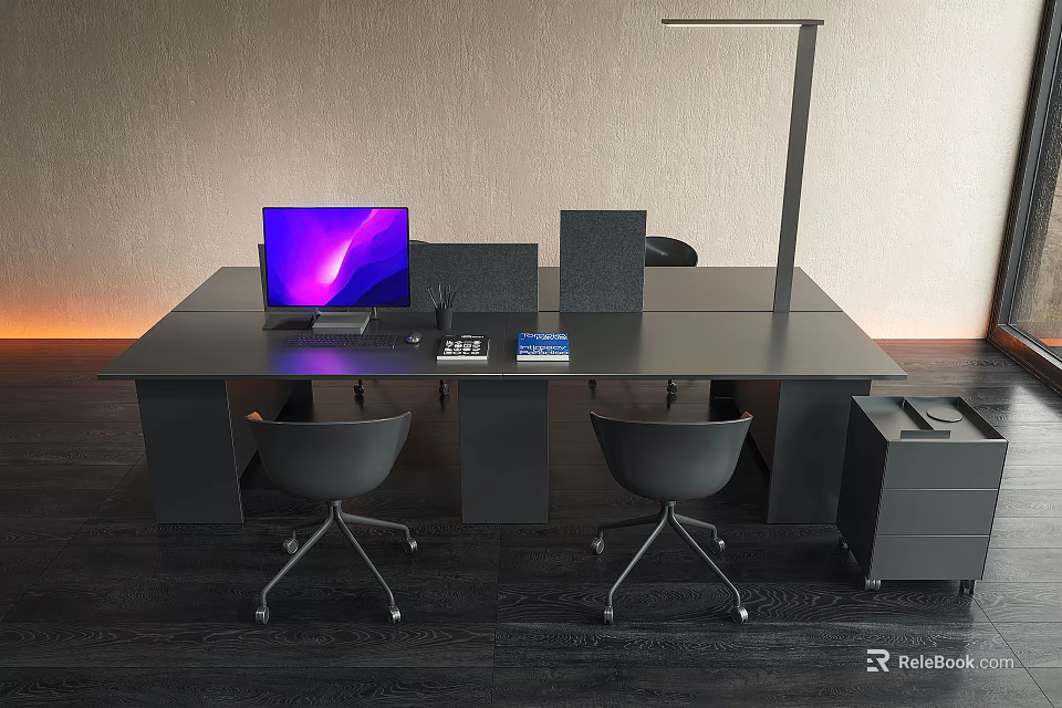Modern Black Office Desk With Laptop Desk Lamp Chairs And Filing Cabinet 3d model 