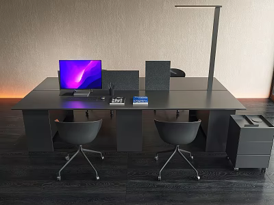 Modern Black Office Desk With Laptop Desk Lamp Chairs And Filing Cabinet 3d model