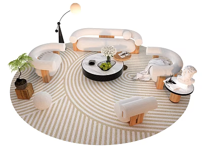 Modern Sofa And Coffee Table Set With Striped Rug Floor Lamp Potted Plant Decorative Vase 3d model